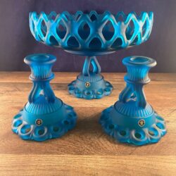 Vintage Westmoreland Blue Satin Glass Doric Lace Pedestal Bowl Candle Holders