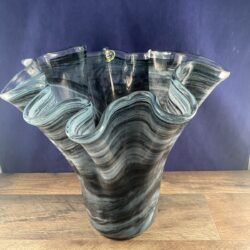 Large MURANO LAVORAZIONE ART GLASS Vase Ruffle Pinch Dark Blue CENTERPIECE Vase