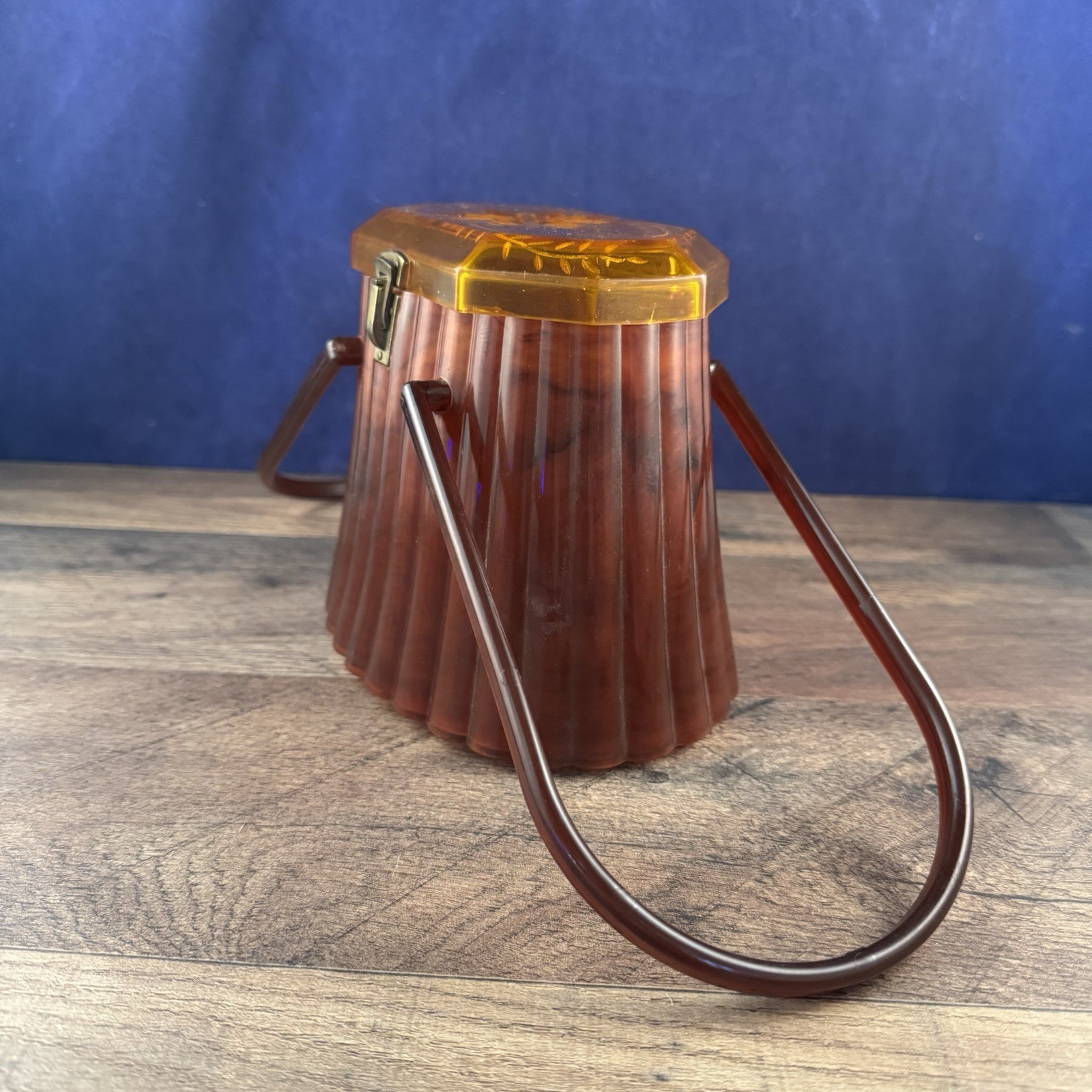 Ranhill Corp. Etched and Sculpted Amber Swirl Acetate Box Purse, 1950s Vintage - Image 2