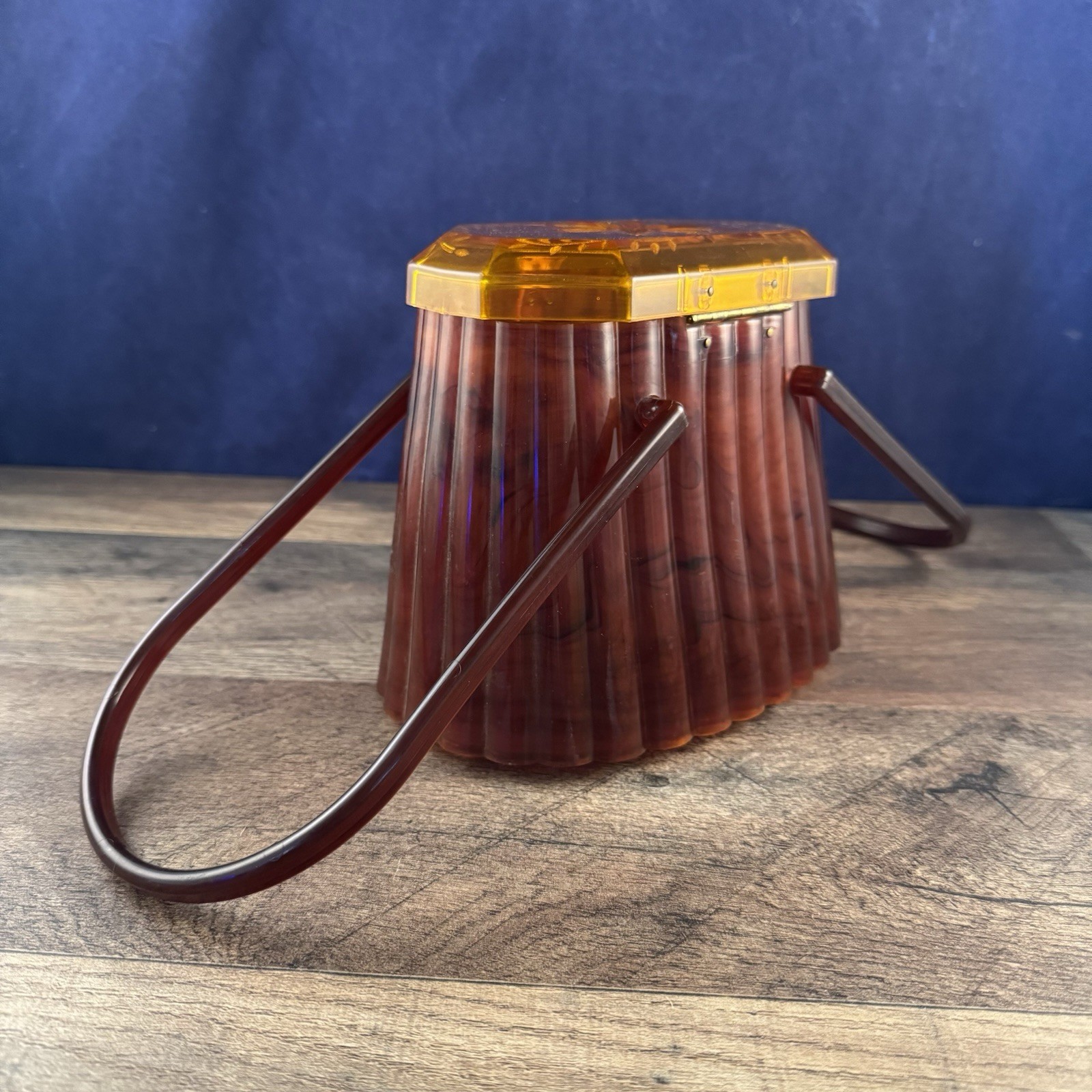Ranhill Corp. Etched and Sculpted Amber Swirl Acetate Box Purse, 1950s Vintage - Image 3