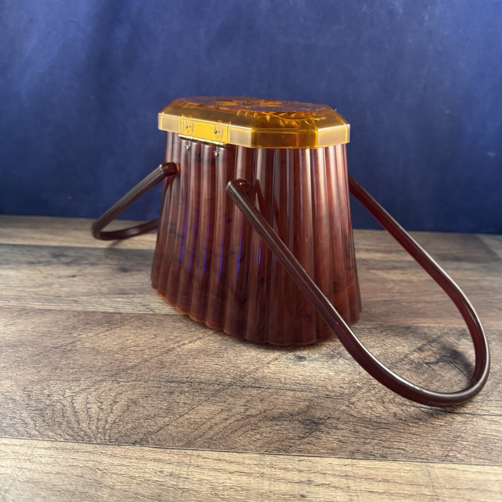 Ranhill Corp. Etched and Sculpted Amber Swirl Acetate Box Purse, 1950s Vintage - Image 5