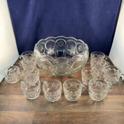 Vintage TIFFIN Franciscan Clear Glass Moon & Stars Punch Bowl With 12 Cups Set