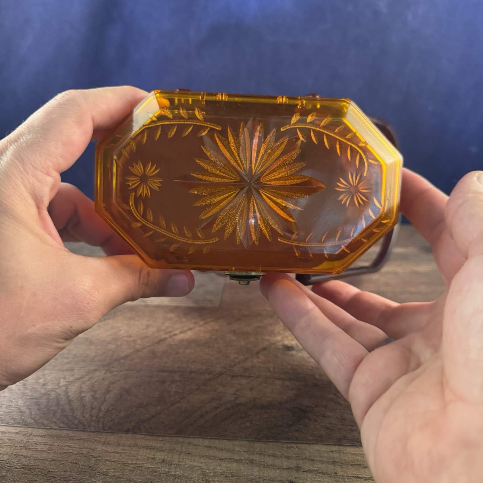 Ranhill Corp. Etched and Sculpted Amber Swirl Acetate Box Purse, 1950s Vintage - Image 10