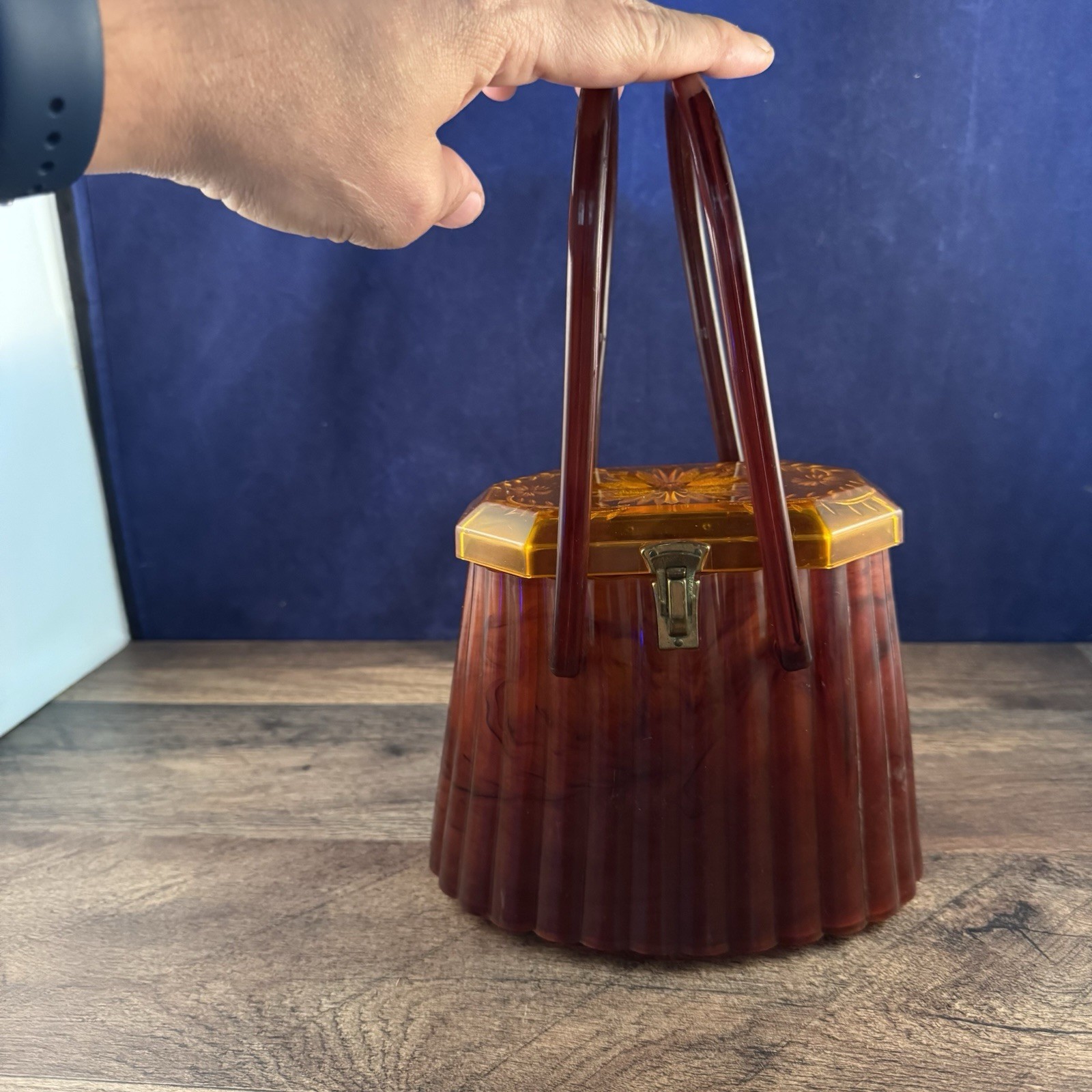 Ranhill Corp. Etched and Sculpted Amber Swirl Acetate Box Purse, 1950s Vintage - Image 12