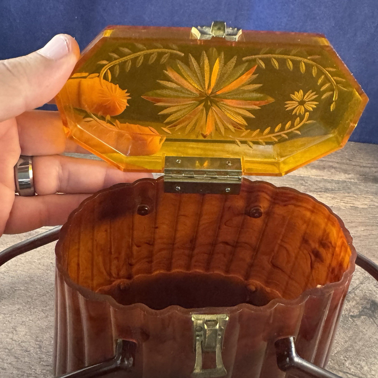 Ranhill Corp. Etched and Sculpted Amber Swirl Acetate Box Purse, 1950s Vintage - Image 16