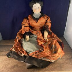 Antique Large German Porcelain Doll Black Hair Blue Eyes Smile 24"L x 8"W x 3.5"