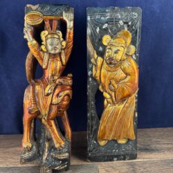 Two Antique Chinese Wood Carvings Lot Wooden Black Gold Bronze Coloring