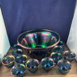 INDIANA GLASS IRIDESCENT BLUE HARVEST CARNIVAL GLASS PUNCH BOWL & 12 CUP SET