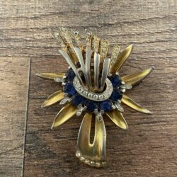 DEROSA FLORAL SPRAY Lily Brooch Blue Art Deco Brooch Silver Gold Tone Unsigned